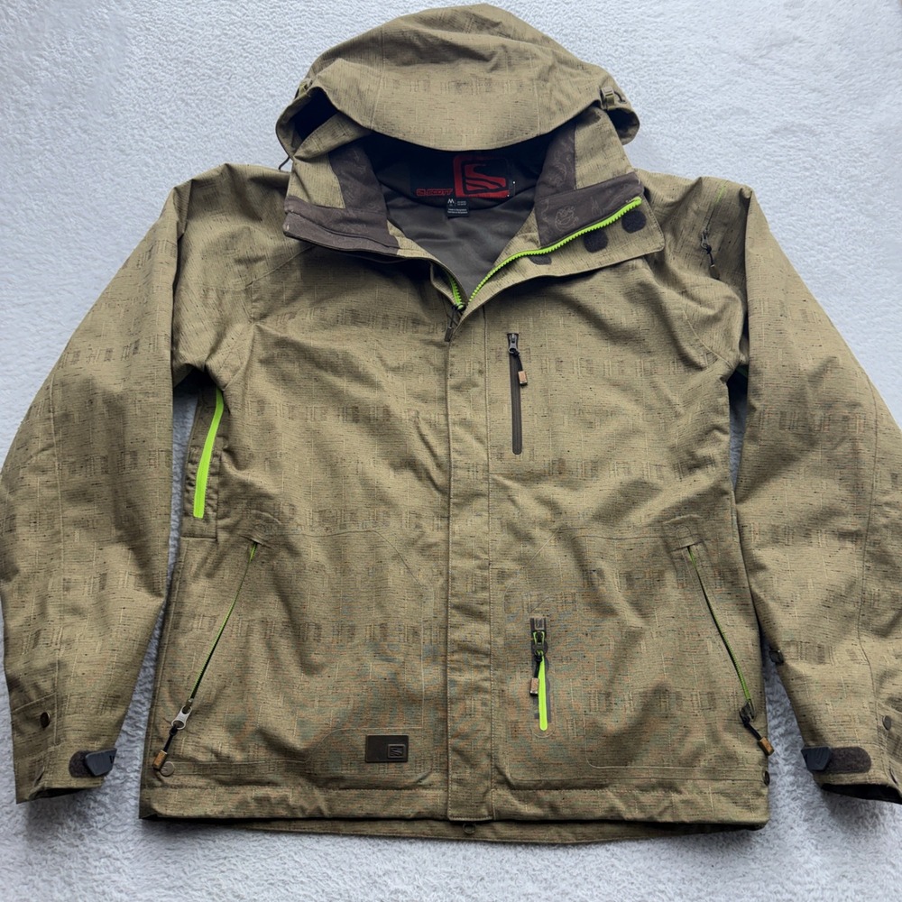Scott Mens Hooded Ski Jacket Olive Brown Neon Green Technical Winter Coat Size M